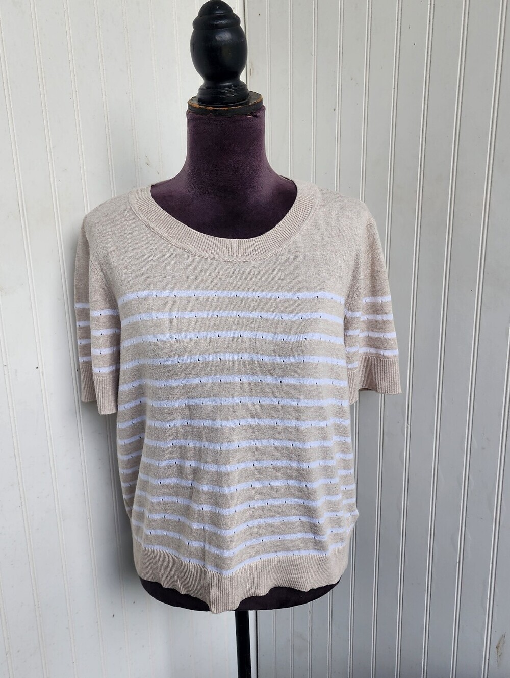 MICHAEL KORS Women's Short Sleeve MK Cotton blend Sweater Top Beige White L